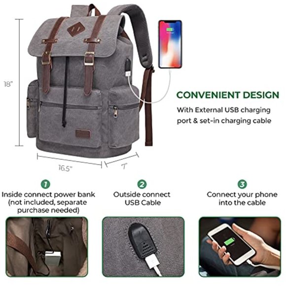 Mens Canvas Vintage Backpack for Men, Travel Laptop Backpack Fits 17/15.6 Inch - Picture 4 of 11